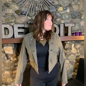 Torrid military jacket slimming khaki/tan with silver buttons.